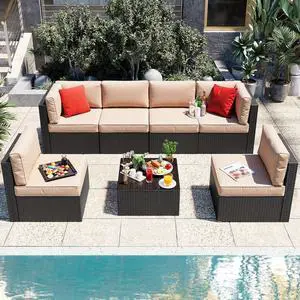 7 Pieces Patio Furniture Sets, Outdoor Patio Conversation Set PE Rattan Wicker Sectional Sofa Couch with Glass Coffee Table for Garden, Poolside, Backyard, Beige 7 Pieces Patio Furniture Sets, Outdoor Patio Conversation Set PE Rattan Wicker Sectional Sofa Couch with Glass Coffee Table for Garden, Poolside, Backyard, Beige