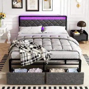 Queen Size Bed Frame with 2 Drawers, Upholstered Platform Bed Frame Queen with Led Light, Metal Platform Bed, Easy Assembly, No Box Spring Needed, Grey Queen Size Bed Frame with 2 Drawers, Upholstered Platform Bed Frame Queen with Led Light, Metal Platform Bed, Easy Assembly, No Box Spring Needed, Grey