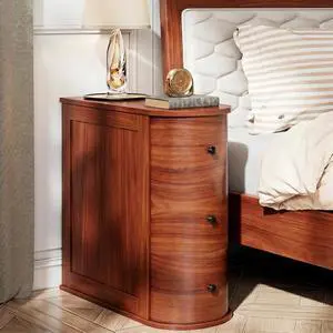 Narrow Nightstand with 3 Drawers, Wood Small Side Table for Bed or Sofa, Vintage Slim Night Stand for Living Room/Bedroom, Walnut Narrow Nightstand with 3 Drawers, Wood Small Side Table for Bed or Sofa, Vintage Slim Night Stand for Living Room/Bedroom, Walnut
