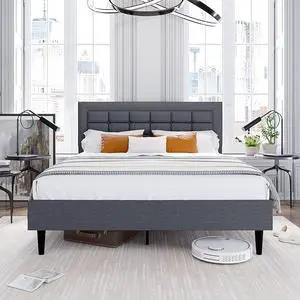 Bed Frame with Square Stitched Button Tufted Headboard, Queen Upholstered Platform Bed with 12" Storage Space & Linen Fabric, Solid Wood Slats Support, No Box Spring Needed, Grey Bed Frame with Square Stitched Button Tufted Headboard, Queen Upholstered Platform Bed with 12" Storage Space & Linen Fabric, Solid Wood Slats Support, No Box Spring Needed, Grey