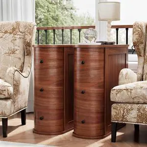 Narrow Nightstand with 3 Drawers, Wood Small Side Table for Bed or Sofa, Vintage Slim Night Stand for Living Room/Bedroom, Walnut, 2 Pieces Narrow Nightstand with 3 Drawers, Wood Small Side Table for Bed or Sofa, Vintage Slim Night Stand for Living Room/Bedroom, Walnut, 2 Pieces