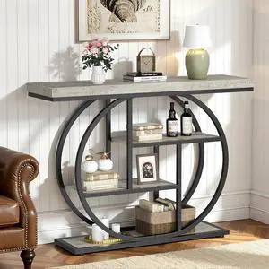 Console Table with Circle Base, Industrial Narrow Entryway Table with Storage, 4-Tier Wood Sofa Table for Living Room, Hallway, Ash Grey Console Table with Circle Base, Industrial Narrow Entryway Table with Storage, 4-Tier Wood Sofa Table for Living Room, Hallway, Ash Grey