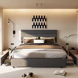 Full Size Bed Frame with 4 Storage Drawee, Platform Bed with Upholstered Boho Style Headboard, Solid Wood Slats Support, No Box Spring Needed, Easy Assembly Full Size Bed Frame with 4 Storage Drawee, Platform Bed with Upholstered Boho Style Headboard, Solid Wood Slats Support, No Box Spring Needed, Easy Assembly