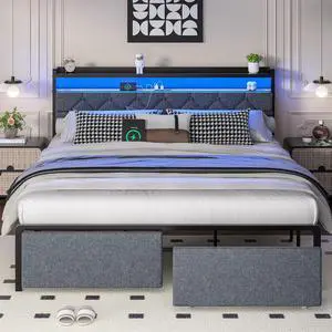 Queen Bed Frame with Led Light and 2 Drawers, Metal Platform Bed with Charging Station and Linen Fabric Storage Headboard, Strong Metal Slats, Easy Assembly, No Box Spring Needed, Modern, Black Queen Bed Frame with Led Light and 2 Drawers, Metal Platform Bed with Charging Station and Linen Fabric Storage Headboard, Strong Metal Slats, Easy Assembly, No Box Spring Needed, Modern, Black