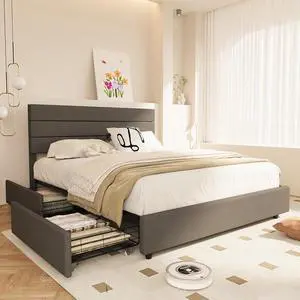 Full Size Bed Frame with 4 Storage Drawee, Platform Bed with Upholstered Boho Style Headboard, Solid Wood Slats Support, No Box Spring Needed, Easy Assembly Full Size Bed Frame with 4 Storage Drawee, Platform Bed with Upholstered Boho Style Headboard, Solid Wood Slats Support, No Box Spring Needed, Easy Assembly