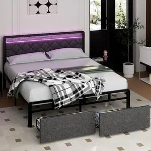 Full Bed Frame with Led Light and 2 Drawers, Metal Platform Bed with Button Tufted Headboard, Strong Metal Slats, Easy Assembly, No Box Spring Needed, Modern Full Bed Frame with Led Light and 2 Drawers, Metal Platform Bed with Button Tufted Headboard, Strong Metal Slats, Easy Assembly, No Box Spring Needed, Modern