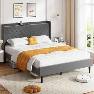 Queen Bed Frame with Led Light, Metal Platform Bed with Charging Port and Linen Fabric Storage Headboard, Strong Metal Slats, Easy Assembly, No Box Spring Needed, Modern, Black Queen Bed Frame with Led Light, Metal Platform Bed with Charging Port and Linen Fabric Storage Headboard, Strong Metal Slats, Easy Assembly, No Box Spring Needed, Modern, Black
