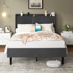Full Bed Frame with Led Light, Metal Platform Bed with Charging Station and Linen Fabric Storage Headboard, Strong Metal Slats, No Box Spring Needed, Modern, Black & Black Full Bed Frame with Led Light, Metal Platform Bed with Charging Station and Linen Fabric Storage Headboard, Strong Metal Slats, No Box Spring Needed, Modern, Black & Black