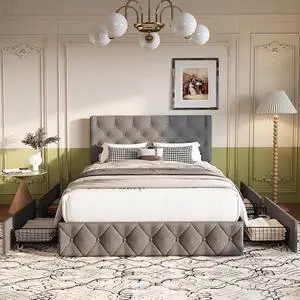 Full Size Bed Frame with 4 Storage Drawee, Platform Bed with Upholstered Button Tufted Headboard, Solid Wood Slats Support, No Box Spring Needed, Easy Assembly Full Size Bed Frame with 4 Storage Drawee, Platform Bed with Upholstered Button Tufted Headboard, Solid Wood Slats Support, No Box Spring Needed, Easy Assembly
