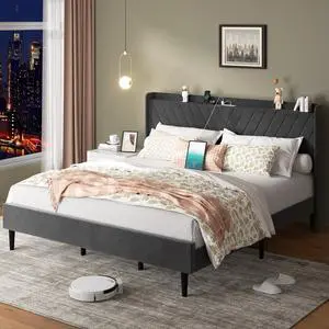 King Bed Frame with Led Light, Metal Platform Bed with Charging Port and Linen Fabric Storage Headboard, Strong Metal Slats, Easy Assembly, No Box Spring Needed, Modern, Black King Bed Frame with Led Light, Metal Platform Bed with Charging Port and Linen Fabric Storage Headboard, Strong Metal Slats, Easy Assembly, No Box Spring Needed, Modern, Black