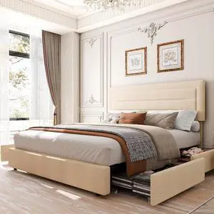 Full Bed Frame with Led Light and 2 Drawers, Metal Platform Bed with Charging Station and Linen Fabric Storage Headboard, Strong Metal Slats, Black Full Bed Frame with Led Light and 2 Drawers, Metal Platform Bed with Charging Station and Linen Fabric Storage Headboard, Strong Metal Slats, Black