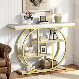 Console Table with Circle Base, Industrial Narrow Entryway Table with Storage, 4-Tier Wood Sofa Table for Living Room, Hallway, White Console Table with Circle Base, Industrial Narrow Entryway Table with Storage, 4-Tier Wood Sofa Table for Living Room, Hallway, White