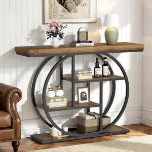 Console Table with Circle Base, Industrial Narrow Entryway Table with Storage, 4-Tier Wood Sofa Table for Living Room, Hallway, Rustic Brown Console Table with Circle Base, Industrial Narrow Entryway Table with Storage, 4-Tier Wood Sofa Table for Living Room, Hallway, Rustic Brown