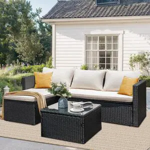 3-Piece Outdoor Sectional Sofa Set, Detachable Cushioned Patio Furniture, Weather-Resistant PE Rattan Conversation Set with Glass Coffee Table & Ottoman, Black Frame/White Cushions 3-Piece Outdoor Sectional Sofa Set, Detachable Cushioned Patio Furniture, Weather-Resistant PE Rattan Conversation Set with Glass Coffee Table & Ottoman, Black Frame/White Cushions