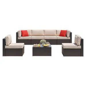 7 Pieces Patio Furniture Sets, Outdoor Sectional Patio Sofa Set | All-Weather Patio Conversation Set PE Rattan Wicker Modular Couch with Coffee Table for Garden, Poolside, Backyard, Beige 7 Pieces Patio Furniture Sets, Outdoor Sectional Patio Sofa Set | All-Weather Patio Conversation Set PE Rattan Wicker Modular Couch with Coffee Table for Garden, Poolside, Backyard, Beige