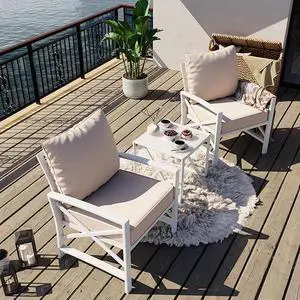 3-Piece Conversation Set, Deep Cushion Loveseat Sofa and Tempered Glass Coffee Table for Balcony, Yard,Khaki 3-Piece Conversation Set, Deep Cushion Loveseat Sofa and Tempered Glass Coffee Table for Balcony, Yard,Khaki