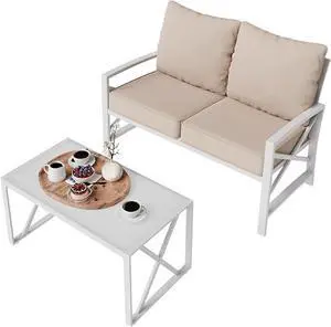 2-Piece Conversation Set, Deep Cushion Loveseat Sofa and Tempered Glass Coffee Table for Balcony, Yard,Khaki 2-Piece Conversation Set, Deep Cushion Loveseat Sofa and Tempered Glass Coffee Table for Balcony, Yard,Khaki