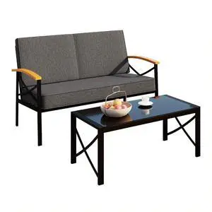Outdoor Metal Patio Furniture Set 2 Piece, Wrought Iron Patio Furniture Set, Outdoor Conversation Sets with Coffee Table and Removable & Washable Cushion Outdoor Metal Patio Furniture Set 2 Piece, Wrought Iron Patio Furniture Set, Outdoor Conversation Sets with Coffee Table and Removable & Washable Cushion