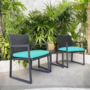 3 Pieces Patio Set Outdoor Wicker Patio Furniture Sets Modern Bistro Set Molded Rattan Chair Conversation Sets with Coffee Table for Backyard and Bistro, Blue 3 Pieces Patio Set Outdoor Wicker Patio Furniture Sets Modern Bistro Set Molded Rattan Chair Conversation Sets with Coffee Table for Backyard and Bistro, Blue