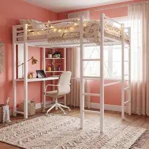 Metal Twin Loft Bed with Desk, Twin Size Loft Bed with 2 Built-in Ladders & Safety Guard, Noise Free for Small Bedroom, Matte White Metal Twin Loft Bed with Desk, Twin Size Loft Bed with 2 Built-in Ladders & Safety Guard, Noise Free for Small Bedroom, Matte White