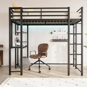Twin Loft Bed with Desk, Metal Twin Loft Bed with 2 Built-in Ladders, Compact Bed Frame, Safeguard, Black, Noiseless for Small Bedroom Twin Loft Bed with Desk, Metal Twin Loft Bed with 2 Built-in Ladders, Compact Bed Frame, Safeguard, Black, Noiseless for Small Bedroom