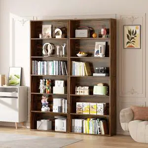 6-Tier Open Bookcase and Bookshelf, Floor Standing Wood Display Storage Shelves 71 Inch Tall Bookcase Home Decor Furniture for Home Office, Living Room, Bed Room, Rustic Brown, 2 Pieces 6-Tier Open Bookcase and Bookshelf, Floor Standing Wood Display Storage Shelves 71 Inch Tall Bookcase Home Decor Furniture for Home Office, Living Room, Bed Room, Rustic Brown, 2 Pieces