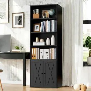 Farmhouse Bookcase with Doors & Storage, Tall 6-Tier Wood Bookshelf for Home Office Organization, Living Room Display, and Bedroom Storage Alternatives, 71-Inch Standing Shelf, Black Farmhouse Bookcase with Doors & Storage, Tall 6-Tier Wood Bookshelf for Home Office Organization, Living Room Display, and Bedroom Storage Alternatives, 71-Inch Standing Shelf, Black