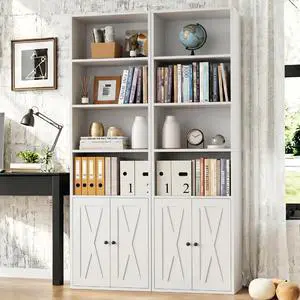 6-Tier Open Bookcase and Bookshelf with Doors, Floor Standing Farmhouse Display Storage Shelves 71 Inch Wood Tall Bookcase for Home Office, Living Room, Bed Room, White, 2 Pieces 6-Tier Open Bookcase and Bookshelf with Doors, Floor Standing Farmhouse Display Storage Shelves 71 Inch Wood Tall Bookcase for Home Office, Living Room, Bed Room, White, 2 Pieces