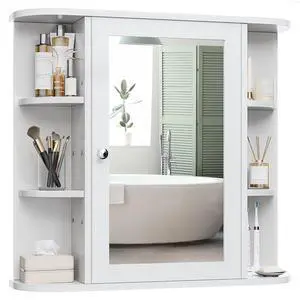Bathroom Medicine Cabinet, Bathroom Mirror Cabinet Wall Mounted with 6 Side Open Shelves, White Wall Cabinet with Mirror, White Bathroom Medicine Cabinet, Bathroom Mirror Cabinet Wall Mounted with 6 Side Open Shelves, White Wall Cabinet with Mirror, White