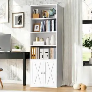 6-Tier Open Bookcase and Bookshelf with Doors, Floor Standing Farmhouse Display Storage Shelves 71 Inch Wood Tall Bookcase for Home Office, Living Room, Bed Room, White 6-Tier Open Bookcase and Bookshelf with Doors, Floor Standing Farmhouse Display Storage Shelves 71 Inch Wood Tall Bookcase for Home Office, Living Room, Bed Room, White