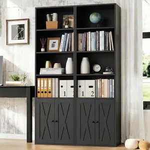 6-Tier Open Bookcase and Bookshelf with Doors, Floor Standing Farmhouse Display Storage Shelves 71 Inch Wood Tall Bookcase for Home Office, Living Room, Bed Room, Black, 2 Pieces 6-Tier Open Bookcase and Bookshelf with Doors, Floor Standing Farmhouse Display Storage Shelves 71 Inch Wood Tall Bookcase for Home Office, Living Room, Bed Room, Black, 2 Pieces