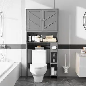 Farmhouse Storage Cabinet Over Toilet with Toilet Paper Holder Stand, Freestanding Bathroom Storage Organizer Cabinet, Grey Farmhouse Storage Cabinet Over Toilet with Toilet Paper Holder Stand, Freestanding Bathroom Storage Organizer Cabinet, Grey