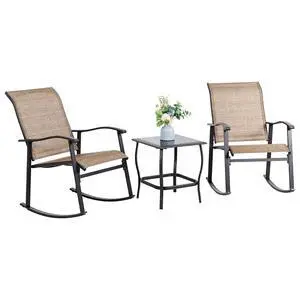 3 Piece Outdoor Rocking Bistro Set, Textilene Fabric Small Patio Furniture Set, Front Porch Rocker Chairs Conversation Set with Glass Table for Lawn, Garden, Balcony, Poolside (Brown) 3 Piece Outdoor Rocking Bistro Set, Textilene Fabric Small Patio Furniture Set, Front Porch Rocker Chairs Conversation Set with Glass Table for Lawn, Garden, Balcony, Poolside (Brown)