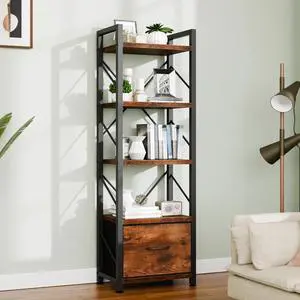 5 Tier Bookshelf with Drawer, Industrial Tall Narrow Bookcase, Display Shelf Modern Wood and Metal Bookshelves, Free Standing Storage Organizer for Office, Living Room 5 Tier Bookshelf with Drawer, Industrial Tall Narrow Bookcase, Display Shelf Modern Wood and Metal Bookshelves, Free Standing Storage Organizer for Office, Living Room