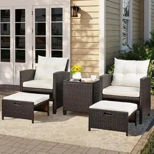 Patio Chair with Ottoman, 5 Pieces Patio Furniture Set Small Balcony Furniture, Rattan Patio Chairs Set of 2 with Glass Table for Front Porch Garden (Beige) Patio Chair with Ottoman, 5 Pieces Patio Furniture Set Small Balcony Furniture, Rattan Patio Chairs Set of 2 with Glass Table for Front Porch Garden (Beige)