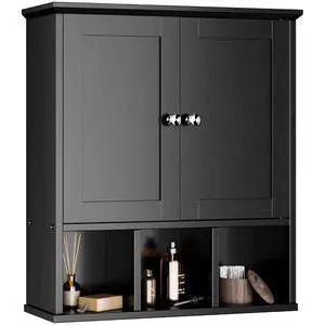 Bathroom Wall Cabinet, Bathroom Cabinet Wall Mount with 2 Doors and 3 Open Shelves, Over the Toilet Wood Medicine Cabinets for Laundry Room, Black Bathroom Wall Cabinet, Bathroom Cabinet Wall Mount with 2 Doors and 3 Open Shelves, Over the Toilet Wood Medicine Cabinets for Laundry Room, Black
