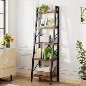 5 Tier Ladder Bookshelf, Industrial Narrow Bookcase Display Shelf, Free Standing Rock Corner Storage Organizer for Home Office, Living Room, Bedroom, Rustic Brown 5 Tier Ladder Bookshelf, Industrial Narrow Bookcase Display Shelf, Free Standing Rock Corner Storage Organizer for Home Office, Living Room, Bedroom, Rustic Brown