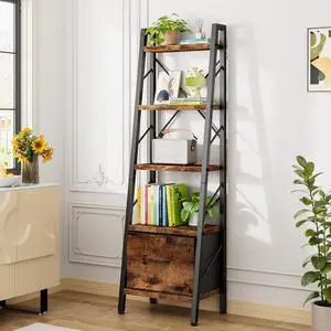 Ladder Bookshelf with Drawer, 5 Tier Industrial Bookcase Display Shelf, Tall Narrow Bookcase Corner Freestanding Rack Storage Organizer for Home Office, Living Room Ladder Bookshelf with Drawer, 5 Tier Industrial Bookcase Display Shelf, Tall Narrow Bookcase Corner Freestanding Rack Storage Organizer for Home Office, Living Room