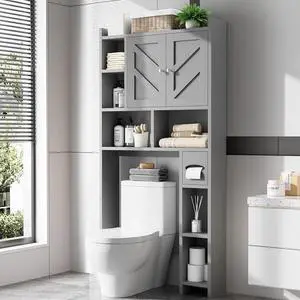 Over the Toilet Storage Cabinet, Freestanding Farmhouse Storage Cabinet Over Toilet, Bathroom Organizer with Paper Holder Stand and Adjustable Shelf, Grey Over the Toilet Storage Cabinet, Freestanding Farmhouse Storage Cabinet Over Toilet, Bathroom Organizer with Paper Holder Stand and Adjustable Shelf, Grey