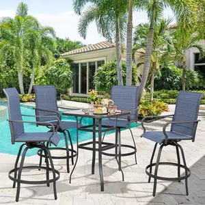 5 Piece Patio Swivel Bar Set, All Weather Mental Textilene High Swivel Bar Stools Chair Set of 4 and High Glass Bar Table, Outdoor High Top Bistro Set for Lawn Garden, Balcony, Denim Blue 5 Piece Patio Swivel Bar Set, All Weather Mental Textilene High Swivel Bar Stools Chair Set of 4 and High Glass Bar Table, Outdoor High Top Bistro Set for Lawn Garden, Balcony, Denim Blue