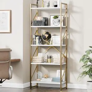 5 Tier Bookshelf, Modern Tall Bookcase, Industrial Book Shelves Display Standing Shelf, Free Standing Storage Organizer for Bedroom, Living Room, White+Gold 5 Tier Bookshelf, Modern Tall Bookcase, Industrial Book Shelves Display Standing Shelf, Free Standing Storage Organizer for Bedroom, Living Room, White+Gold