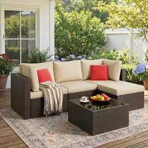 5 Piece Patio Furniture Sets, Outdoor Patio Set Sectional Sofa, All-Weather PE Rattan Outdoor Couch with Ottoman, Glass Table for Garden, Backyard, Porch, Beige 5 Piece Patio Furniture Sets, Outdoor Patio Set Sectional Sofa, All-Weather PE Rattan Outdoor Couch with Ottoman, Glass Table for Garden, Backyard, Porch, Beige