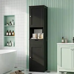 Tall Bathroom Storage Cabinet, 64H Narrow Storage Unit for Small Spaces, Freestanding Modern Cabinet with Adjustable Shelves for Bathroom, Living Room, Black Tall Bathroom Storage Cabinet, 64H Narrow Storage Unit for Small Spaces, Freestanding Modern Cabinet with Adjustable Shelves for Bathroom, Living Room, Black