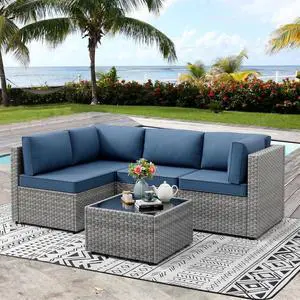 5 Pieces Outdoor Sectional Furniture, All-Weather Rattan Patio Furniture Set, Wicker Patio Sectional Couch with Cushion, Glass Table, Navy Blue 5 Pieces Outdoor Sectional Furniture, All-Weather Rattan Patio Furniture Set, Wicker Patio Sectional Couch with Cushion, Glass Table, Navy Blue