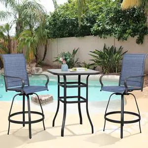 3 Piece Patio Swivel Bar Set, All Weather Mental Textilene High Swivel Bar Stools Chair Set of 2 and High Glass Bar Table, Outdoor High Top Bistro Set for Lawn Garden, Balcony, Denim Blue 3 Piece Patio Swivel Bar Set, All Weather Mental Textilene High Swivel Bar Stools Chair Set of 2 and High Glass Bar Table, Outdoor High Top Bistro Set for Lawn Garden, Balcony, Denim Blue