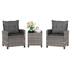 3 Piece Patio Furniture Set Small Outdoor Wicker Rattan Front Porch Bistro Set Cushioned Patio Chairs Conversation Set with Glass Table for Lawn, Garden, Backyard, Balcony, Poolside (Gray) 3 Piece Patio Furniture Set Small Outdoor Wicker Rattan Front Porch Bistro Set Cushioned Patio Chairs Conversation Set with Glass Table for Lawn, Garden, Backyard, Balcony, Poolside (Gray)