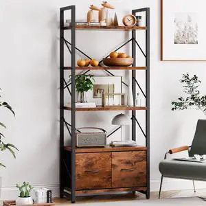5 Tier Bookshelf with 2 Drawers, Industrial Tall Bookcase, Modern Display Bookshelves Wood and Metal Shelf, Free Standing Storage Organizer for Office, Living Room, Brown 5 Tier Bookshelf with 2 Drawers, Industrial Tall Bookcase, Modern Display Bookshelves Wood and Metal Shelf, Free Standing Storage Organizer for Office, Living Room, Brown
