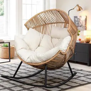 Wicker Rocking Egg Chair PE Rattan with Cushion, Oversized Patio Lounge Rocker Chair for Outdoor, Indoor, Livingroom, Backyard, Garden (Beige) Wicker Rocking Egg Chair PE Rattan with Cushion, Oversized Patio Lounge Rocker Chair for Outdoor, Indoor, Livingroom, Backyard, Garden (Beige)