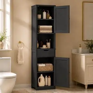 Tall Bathroom Storage Cabinet with Freestanding Adjustable Shelves, Narrow Storage Linen Cabinet with 2 Doors and 1 Drawer for Bathroom, Living Room, Kitchen, Black Tall Bathroom Storage Cabinet with Freestanding Adjustable Shelves, Narrow Storage Linen Cabinet with 2 Doors and 1 Drawer for Bathroom, Living Room, Kitchen, Black