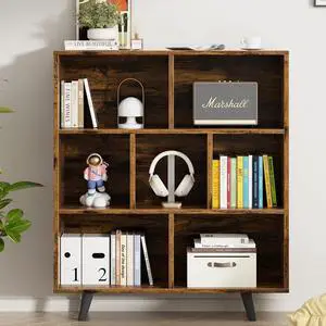 7 Cube Bookshelf, 3 Tier Mid-Century Modern Bookcase with Legs, Wooden Bookshelf Storage Organizer Display Bookcase for Bedroom, Living Room, Office, Rustic Brown 7 Cube Bookshelf, 3 Tier Mid-Century Modern Bookcase with Legs, Wooden Bookshelf Storage Organizer Display Bookcase for Bedroom, Living Room, Office, Rustic Brown